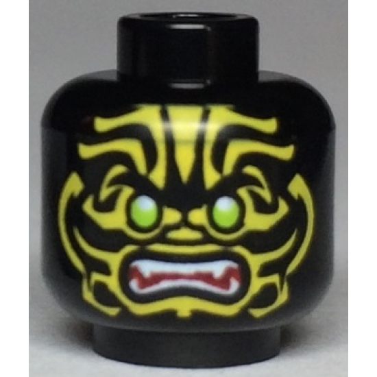Minifigure, Head Alien with Lime Eyes, White Fangs, Yellow Face Decorations and Dark Red Mouth Pattern
