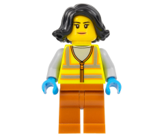Recycling Worker - Female, Neon Yellow Safety Vest with Reflective Stripes, Dark Orange Legs, Black Hair