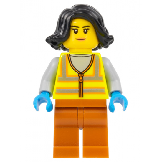 Recycling Worker - Female, Neon Yellow Safety Vest with Reflective Stripes, Dark Orange Legs, Black Hair