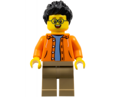 Man, Black Spiky Hair, Glasses, Orange Jacket, Sand Blue Shirt, Dark Tan Legs