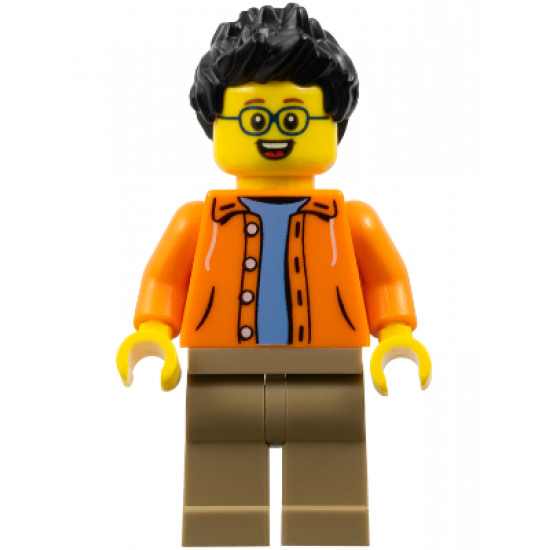 Man, Black Spiky Hair, Glasses, Orange Jacket, Sand Blue Shirt, Dark Tan Legs