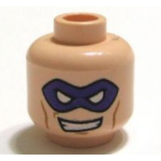 Minifigure, Head Dark Purple Mask with White Eye Holes, Medium Nougat Cheek Lines and Chin Dimple, Lopsided Open Mouth Smile with Teeth Pattern