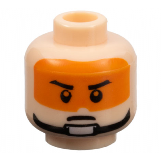 Minifigure, Head Male Stern Black Eyebrows, Pupils, Orange Visor and Chin Strap Pattern