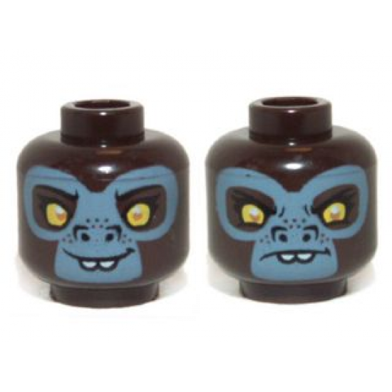 Minifigure, Head Dual Sided Alien Chima Gorilla with Yellow Eyes, Protruding Front Teeth and Gray Face, Happy / Sad Pattern (G'Loona)