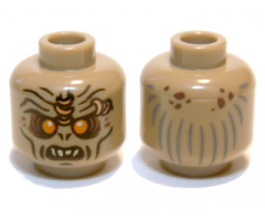 Minifigure, Head Alien Orc with Orange Eyes, Reddish Brown Eye Shadow and Spots, Nostrils, Black Cheek Lines and Chin Dimple, Furrowed Brow with Copper Rings, Open Mouth with Top Teeth, Dark Bluish Gray Hair Lines on Back Pattern