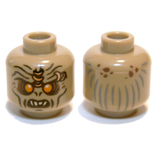 Minifigure, Head Alien Orc with Orange Eyes, Reddish Brown Eye Shadow and Spots, Nostrils, Black Cheek Lines and Chin Dimple, Furrowed Brow with Copper Rings, Open Mouth with Top Teeth, Dark Bluish Gray Hair Lines on Back Pattern