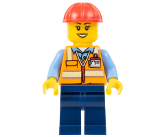 Construction Worker - Female, Orange Safety Vest with Reflective Stripes, Dark Blue Legs, Red Construction Helmet (Crane Operator)