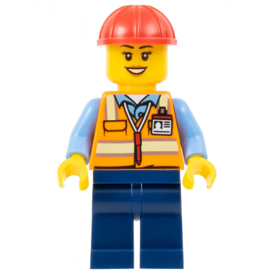 Construction Worker - Female, Orange Safety Vest with Reflective Stripes, Dark Blue Legs, Red Construction Helmet (Crane Operator)