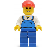 Overalls Blue over V-Neck Shirt, Blue Legs, Red Short Bill Cap, Grin with Teeth