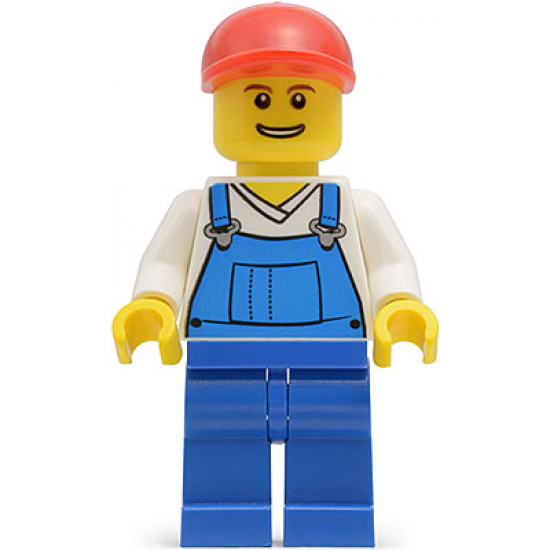 Overalls Blue over V-Neck Shirt, Blue Legs, Red Short Bill Cap, Grin with Teeth