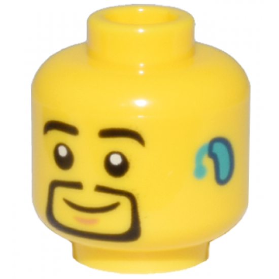 Minifigure, Head Black Eyebrows and Thin Goatee, Nougat Chin Dimple, Dark Turquoise Hearing Aid on Left, Grin Pattern