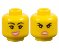Minifigure, Head Dual Sided Female Black Eyebrows, Eyelashes, Freckles, Dark Pink Lips, Lopsided Open Mouth Smile Large with Teeth / Angry Pattern