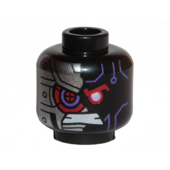 Minifigure, Head Dark Purple Highlights Red Eye, Gritted Teeth, Silver Armored Right Side Pattern