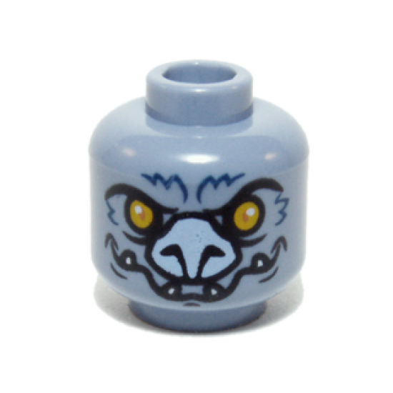 Minifigure, Head Alien Chima Bat with Bright Light Orange Eyes, Bright Light Blue Nose, Dark Blue Fur Lines, and White Lower Fangs Pattern