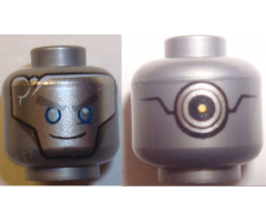 Minifigure, Head Alien with Robot Silver with Blue Eyes, Gray Eyebrows and Crack, Circles on Back Pattern