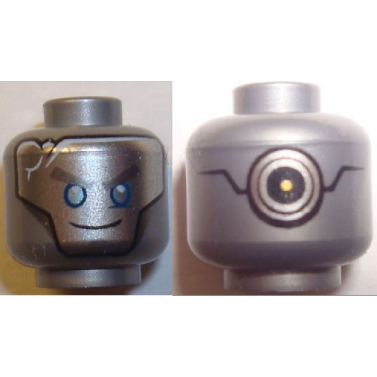 Minifigure, Head Alien with Robot Silver with Blue Eyes, Gray Eyebrows and Crack, Circles on Back Pattern