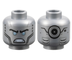 Minifigure, Head Alien Robot with Black Eyebrows, Metallic Light Blue Eyes, Cheek Lines, Angry Bared Teeth, Vents and Silver Circle on Back Pattern