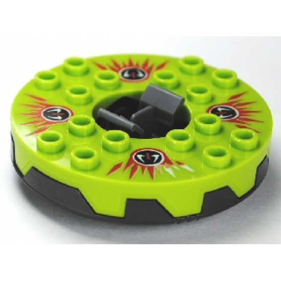 Turntable 6 x 6 x 1 1/3 Round Base Serrated with Lime Top and Red, White and Black Fangpyre Pattern (Ninjago Spinner)
