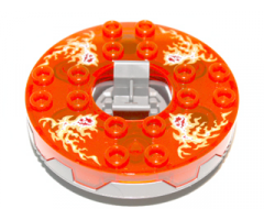 Turntable 6 x 6 x 1 1/3 Round Base Serrated with Trans-Neon Orange Top and Fire Energy Pattern (Ninjago Spinner)