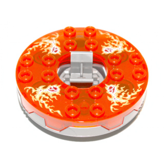 Turntable 6 x 6 x 1 1/3 Round Base Serrated with Trans-Neon Orange Top and Fire Energy Pattern (Ninjago Spinner)