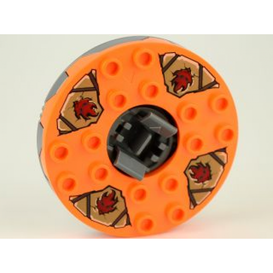 Turntable 6 x 6 x 1 1/3 Round Base Serrated with Orange Top and Dark Red Faces on Dark Tan and Dark Gray Pattern (Ninjago Spinner)