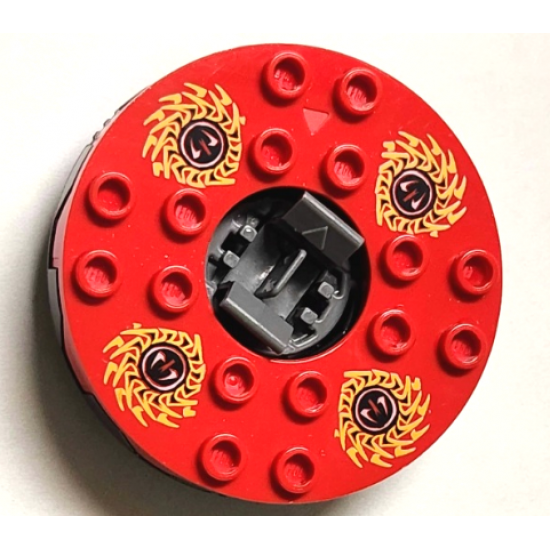 Turntable 6 x 6 x 1 1/3 Round Base Serrated with Red Top and Red, White, Yellow and Black Fangpyre Pattern (Ninjago Spinner)