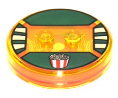 Dimensions Toy Tag 4 x 4 x 2/3 with 2 Studs and Trans-Orange Bottom with Red and White Popcorn Bucket on Dark Green Background Pattern (Stripe)
