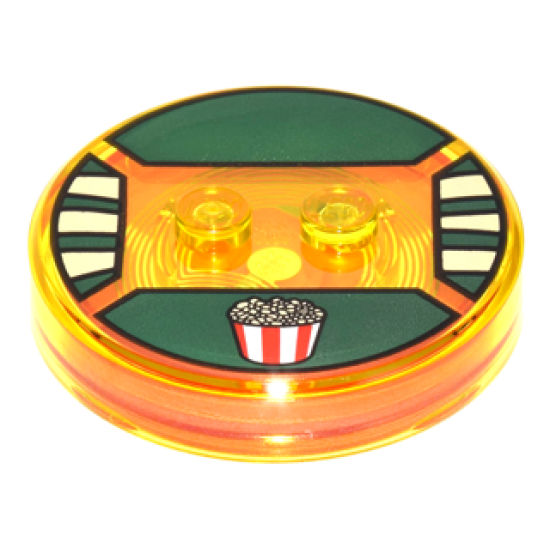 Dimensions Toy Tag 4 x 4 x 2/3 with 2 Studs and Trans-Orange Bottom with Red and White Popcorn Bucket on Dark Green Background Pattern (Stripe)