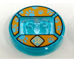 Dimensions Toy Tag 4 x 4 x 2/3 with 2 Studs and Trans-Light Blue Bottom with Gold 'SD' Emblem and Medium Azure Paw Prints on Orange Background Pattern (Scooby-Doo)