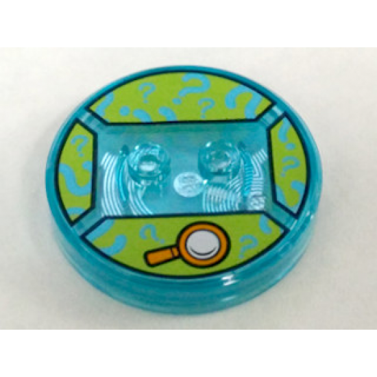 Dimensions Toy Tag 4 x 4 x 2/3 with 2 Studs and Trans-Light Blue Bottom with Orange Magnifying Glass and Medium Azure Question Marks on Lime Background Pattern (Shaggy)