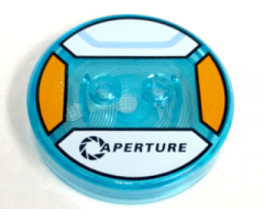 Dimensions Toy Tag 4 x 4 x 2/3 with 2 Studs and Trans-Light Blue Bottom with Black 'APERTURE' and Curved Bright Light Blue Line on White Background Pattern (Chell)