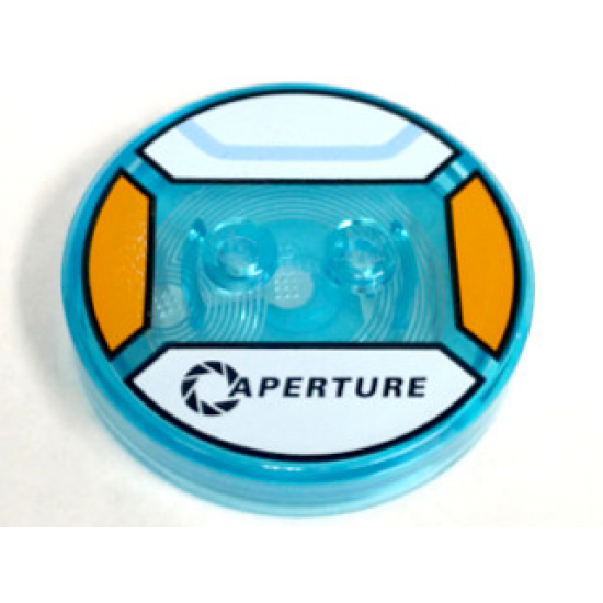 Dimensions Toy Tag 4 x 4 x 2/3 with 2 Studs and Trans-Light Blue Bottom with Black 'APERTURE' and Curved Bright Light Blue Line on White Background Pattern (Chell)