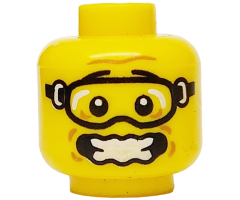 Minifigure, Head Black Eyebrows, Goggles, Medium Nougat Dimples, Furrowed Brow, Open Mouth Scared and Wavy with Teeth Pattern