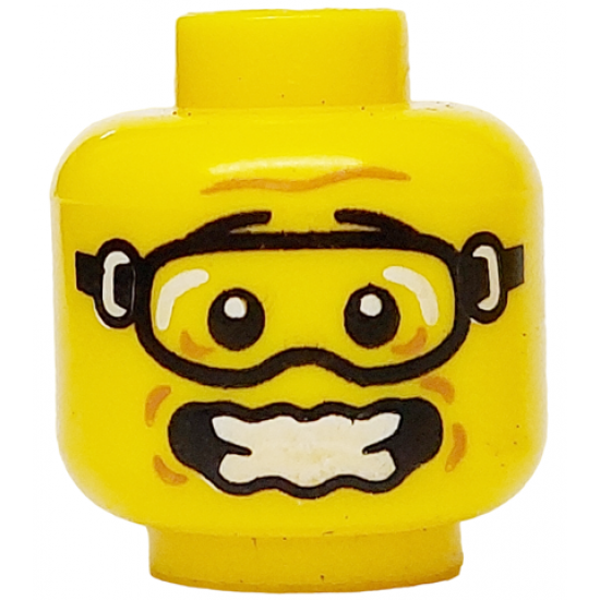 Minifigure, Head Black Eyebrows, Goggles, Medium Nougat Dimples, Furrowed Brow, Open Mouth Scared and Wavy with Teeth Pattern