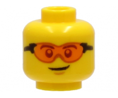 Minifigure, Head Safety Glasses with Orange Lenses and Black Frames, Chin Dimple, Lopsided Grin Pattern