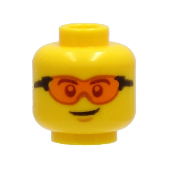 Minifigure, Head Safety Glasses with Orange Lenses and Black Frames, Chin Dimple, Lopsided Grin Pattern