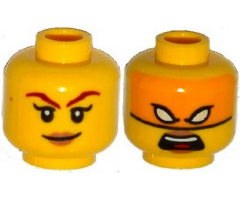 Minifigure, Head Dual Sided Female Dark Red Eyebrows, Dark Tan Lips, Smile / Bright Light Orange Mask, White Eyes, Open Mouth Pattern