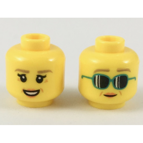Minifigure, Head Dual Sided Female Dark Tan Eyebrows, Medium Nougat Crow's Feet, Peach Lips, Smile / Dark Turquoise Sunglasses Pattern