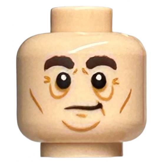 Minifigure, Head Dark Brown Bushy Eyebrows, Medium Nougat Cheek Lines, Chin Dimple and Wrinkles, Slight Lopsided Grin Pattern