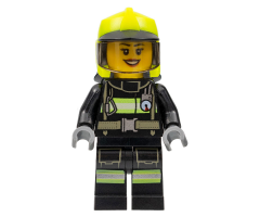 Fire - Female, Black Jacket and Legs with Reflective Stripes, Neon Yellow Fire Helmet, Trans-Black Visor