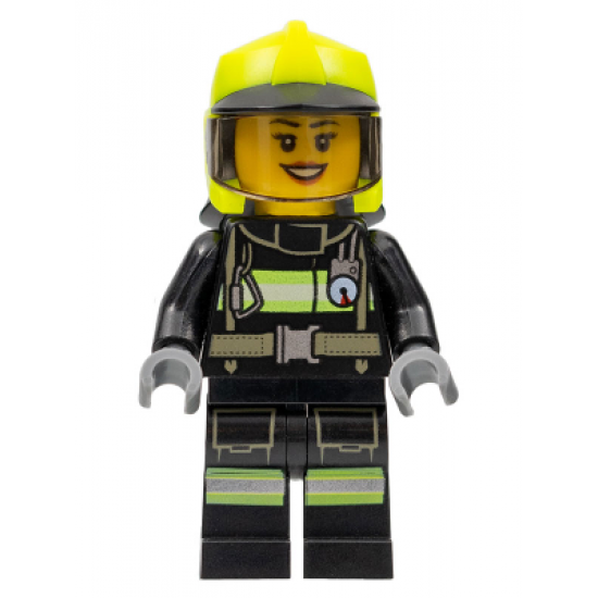 Fire - Female, Black Jacket and Legs with Reflective Stripes, Neon Yellow Fire Helmet, Trans-Black Visor