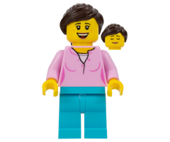 LEGOLAND Park Female with Dark Brown Ponytail, Bright Pink Shirt, Medium Azure Legs