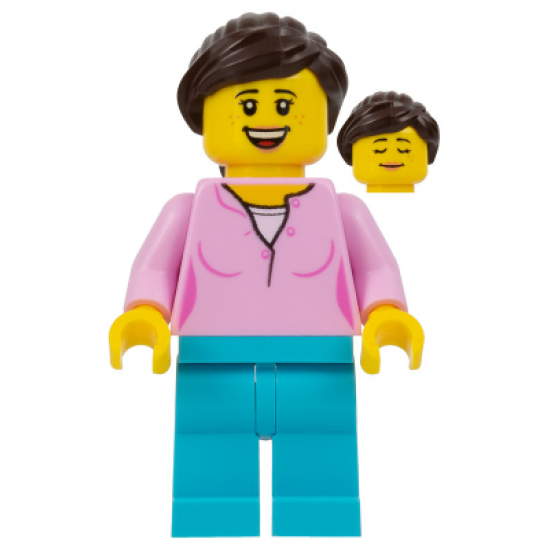 LEGOLAND Park Female with Dark Brown Ponytail, Bright Pink Shirt, Medium Azure Legs