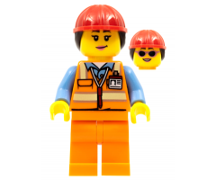 Airport Luggage Handler, Female, Red Helmet with Ponytail, Orange Reflective Uniform