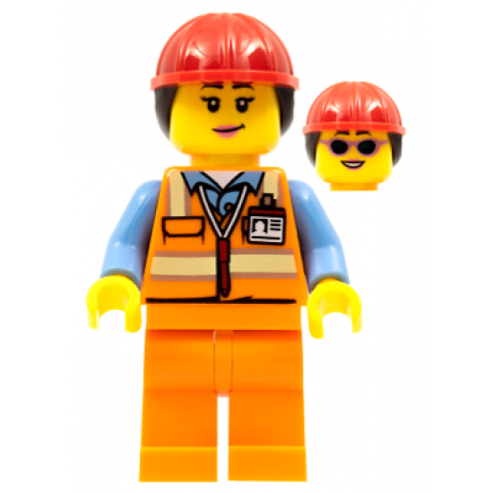 Airport Luggage Handler, Female, Red Helmet with Ponytail, Orange Reflective Uniform