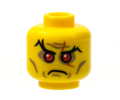 Minifigure, Head Black Eyebrows, Red Sunken Eyes, Scar over Left Eye, Cheek Lines and Wrinkles Pattern