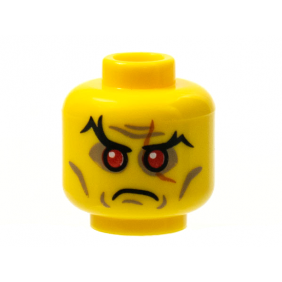 Minifigure, Head Black Eyebrows, Red Sunken Eyes, Scar over Left Eye, Cheek Lines and Wrinkles Pattern