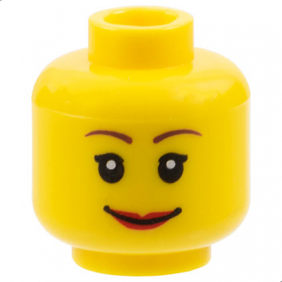 Minifigure, Head Female Reddish Brown Thin Eyebrows, Black Single Eyelashes, Red Lips, Wide Grin Pattern
