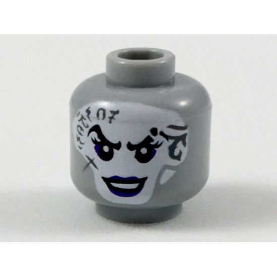 Minifigure, Head Female White Face with Dark Bluish Gray Tattoos, Dark Purple Eye Shadow and Lips Pattern