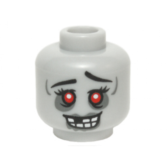 Minifigure, Head Alien Zombie Female Black Eyebrows and Eyelashes, Red Eyes, Dark Bluish Gray Eye Shadow, Lips, and Drool, Open Mouth Smile with Missing Tooth Pattern